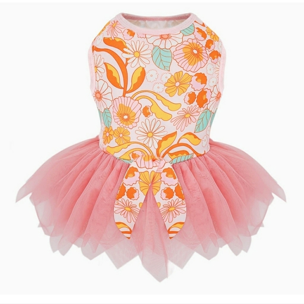 KYEESE Dog Tiered Layeref Tutu Tulle Dress in Orange Floral Size L